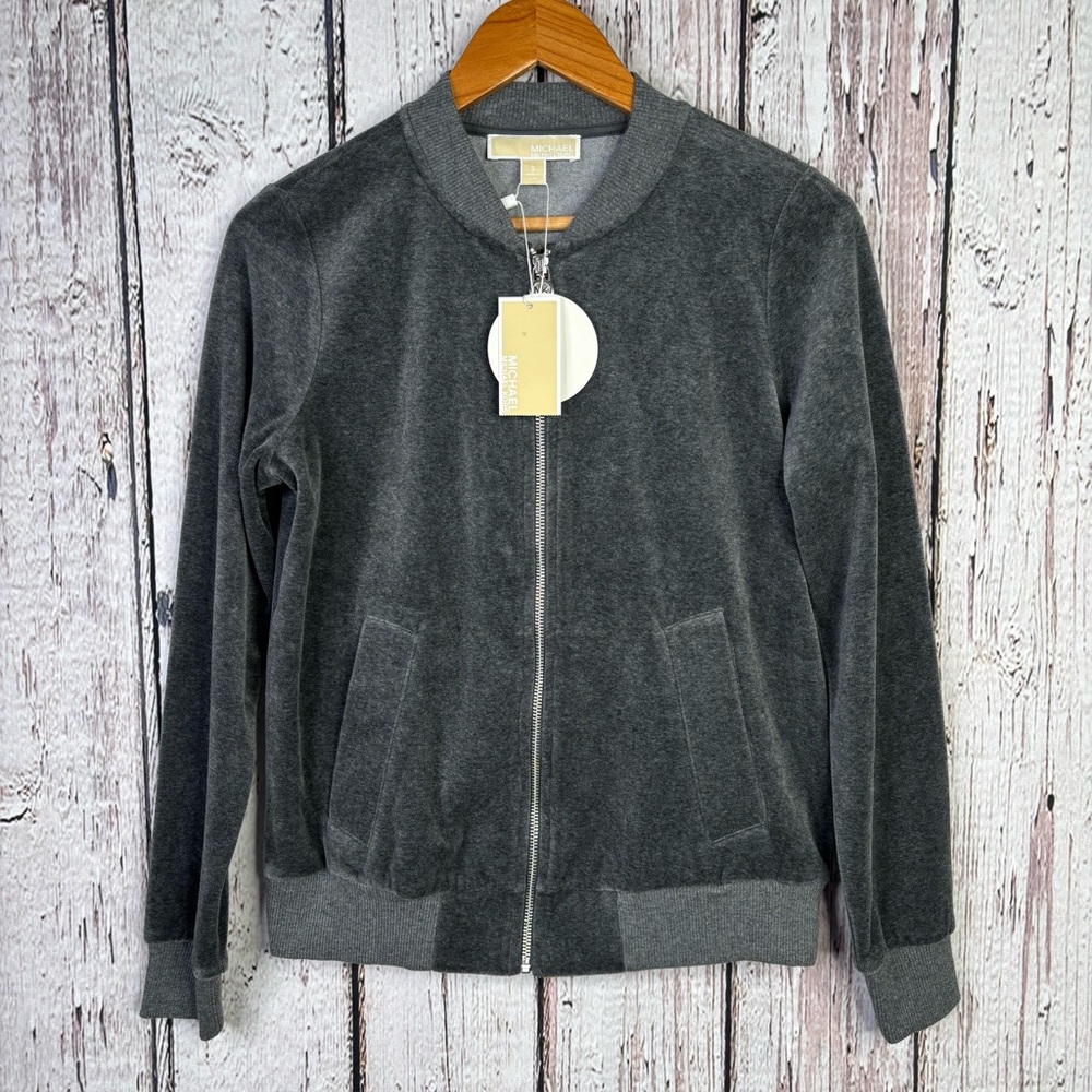 NWT‎ Michael Michael Kors Size Small Velour Bomber Jacket Derby Gray Grey Zip Up